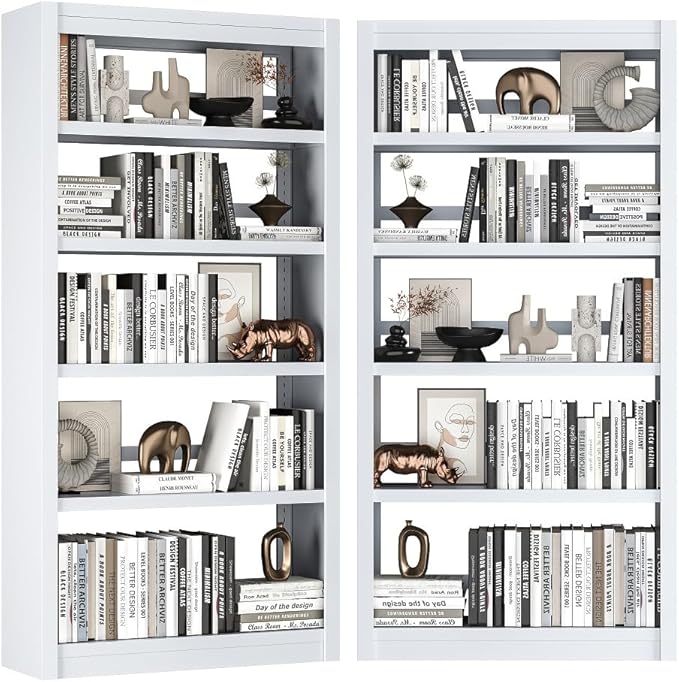 White Bookshelf，6-Tier Bookcase with Adjustable Storage Shelves，Metal Bookshelf with Book Stopper for Living Room, Home Office, Library