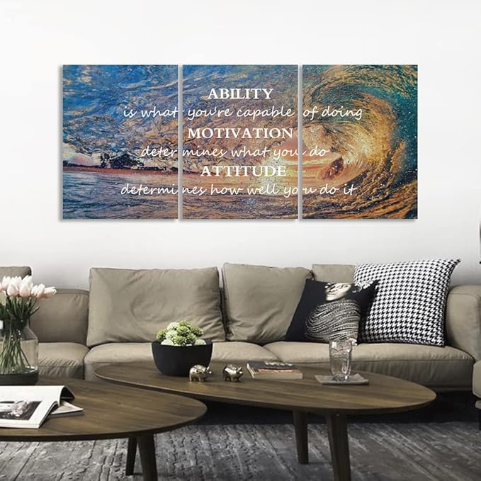 Unbruvo Motivational Wall Art for Office, 3 Pieces Canvas Painting with Inspirational Quotes, Ability Motivation Attitude Prints for Living Room Bedroom Study Room Decor(60" Wx28 H)