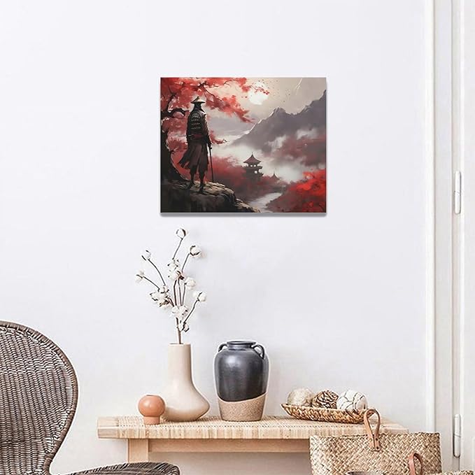 yerretin Japanese Bushido Wall Art Samurai Pictures Wall Decor Ancient Japan Warrior Canvas Landscape Painting Home Decoration Artwork for Bathroom Bedroom Living Room Office Framed 20"x16"