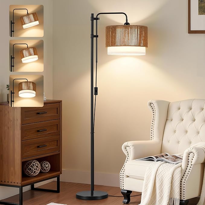 GyroVu Rattan Floor Lamp for Living Room, 3 Color Temperatures LED Bulb Included, Farmhouse Boho Arc Standing Lamp, Handwoven Tall Lamps for Bedroom, Home Office, Corner