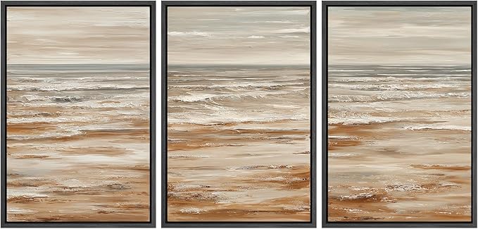 MUDECOR Framed Wall Art Print Set Neutral Coastal Seascape Minimalist Ocean Waves and Sandy Shore Illustrations Modern Art Boho Decorative for Living Room, Bedroom, Office - 16"x24"x3 BLACK
