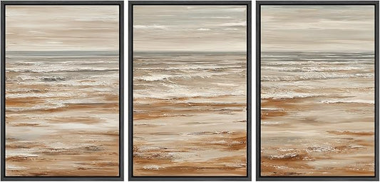 MUDECOR Framed Wall Art Print Set Neutral Coastal Seascape Minimalist Ocean Waves and Sandy Shore Illustrations Modern Art Boho Decorative for Living Room, Bedroom, Office - 24"x36"x3 BLACK