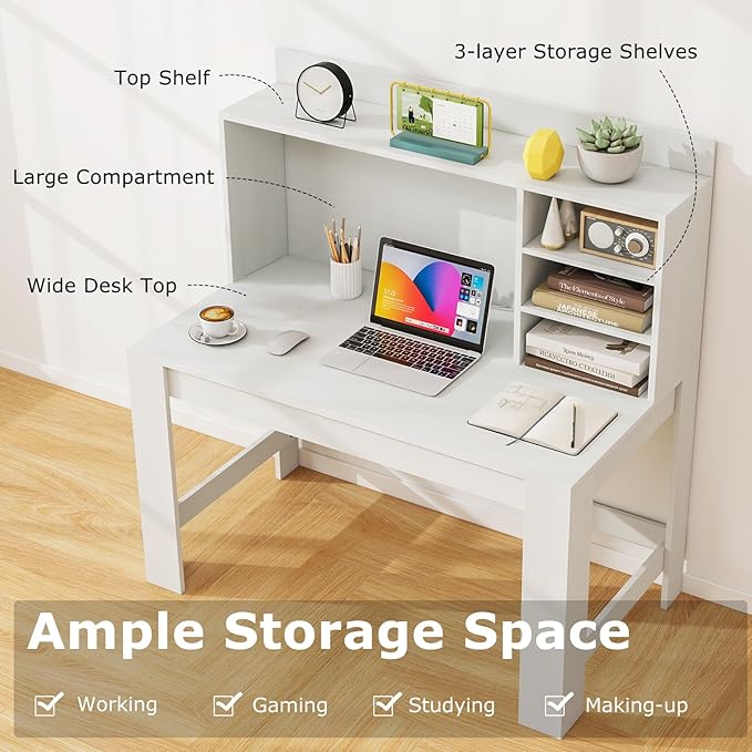 Tangkula 48“ Computer Desk with Hutch, Home Office Writing Study Desk with Storage Shelves, Cable Management Hole, Laptop Desk, Desk for Bedroom, Computer Workstation (White)