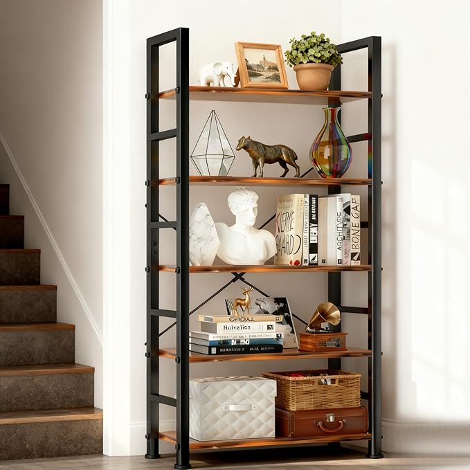 5 Tier Bookshelf, Free Standing Wooden Bookcase with Open Storage Shelves with Metal Frame, Sturdy Shelf Organization Display Rack for Living Room, Bedroom, Home Office, 62.2" Tall, Brown