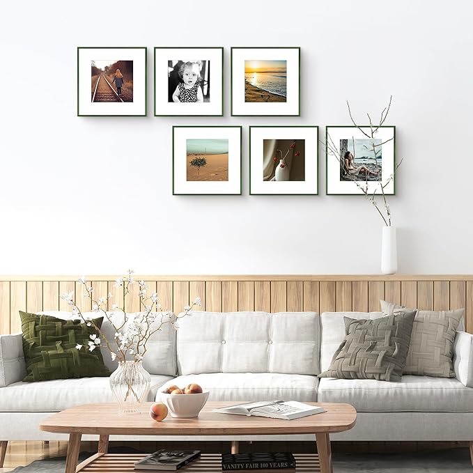 Golden State Art 12x12 Picture Frame 6 Pack - Dark Green Aluminum Photo Frames With 8x8 Mats and Real Glass Cover - Elegant Minimalist Wall Gallery Frames for Home or Office Decor