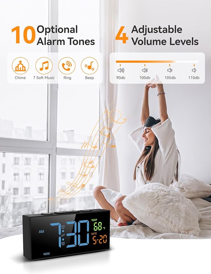 Netzu Alarm Clocks for Bedrooms, Digital Clock with Date Temperature and Weekday, Manual DST, Snooze, 2 Alarms, 4 Volumes for Living Room Home Bedside Desk (Black and Blue)