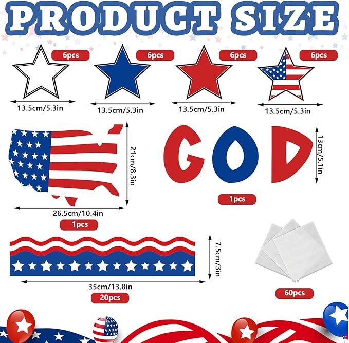 Whaline 60Pcs 4th of July Bulletin Board Decorations God Bless America Patriotic Star USA Map Cut-Outs Red White Blue Classroom Trim Border with Glue Point for Independence Day School Decor