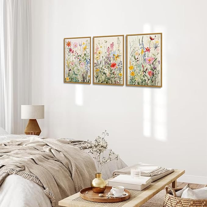 KISSFOX 3 Piece Watercolor Wildflower Botanical Framed Wall Art Colorful Floral Canvas Art Prints Boho Flower Pictures Wall Decor Modern Minimalism Paintings Artwork Girls Bedroom Living Room Bathroom