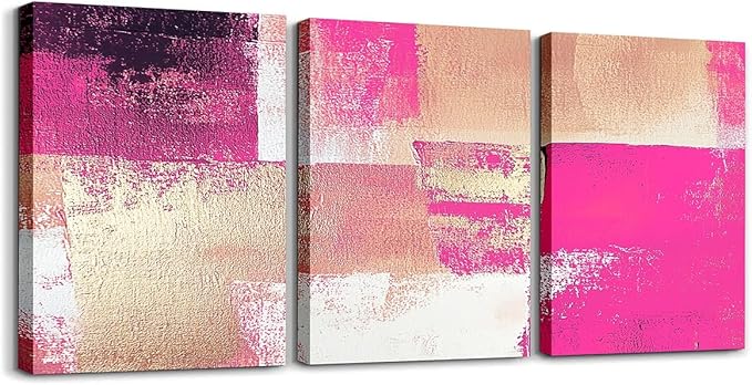 jejeloiu 12"x16"x3pcs Abstract Oil Painting Office Decorations Artwork Posters Abstract Art 3 Piece Canvas Wall Art for Living Room Bedroom Hot Pink Modern Picture Wall Decor