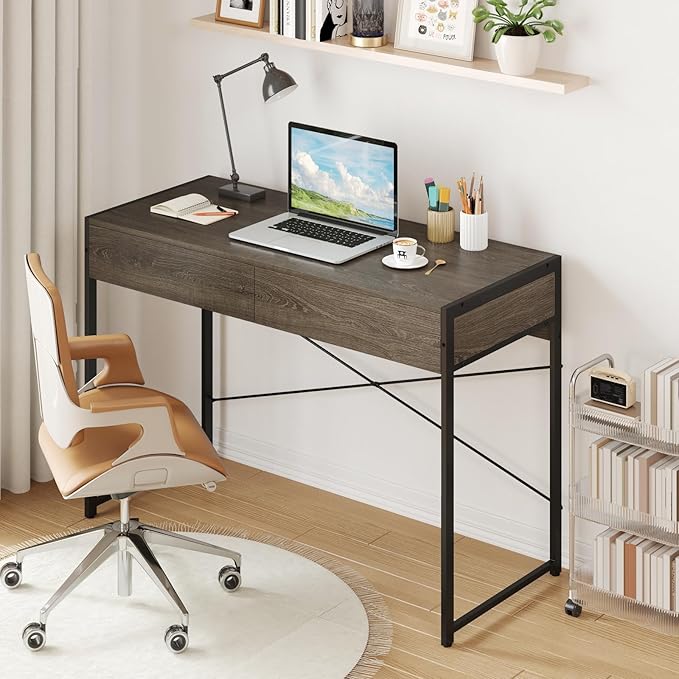 Giantex Computer Desk with 2 Drawers, 44 Inch Home Office Desk with Anti-Toppling Device & Metal Frame, Compact Laptop PC Table, Vanity Table, Modern Study Writing Desk for Small Spaces (Grey Oak)
