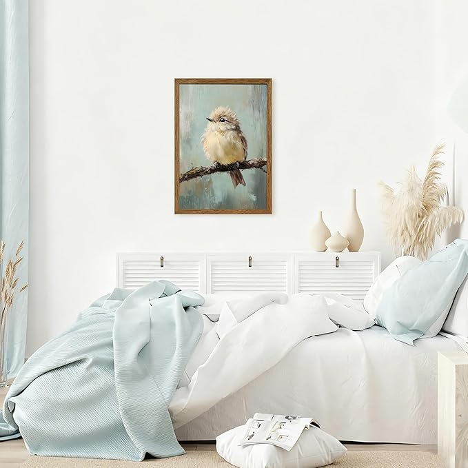 AVECCO Framed Vintage Funny Birds Canvas Wall Art, Bird Rustic Farmhouse Wall Decor, Unique Animal Art Prints for Kid's Room Bathroom Bedroom Living Room Office Home Decoration Ready to Hang 16x24 In