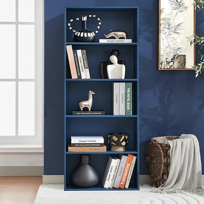 Bookshelves and Bookcases,5-Tier Open Storage Shelf, Floor Standing Display Storage Shelves for Home Office, Living Room, Bedroom, Blue
