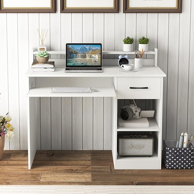 IFANNY Wooden Computer Desk, White Home Office Desk w/Drawers, Keyboard Tray, Open Shelves & Monitor Stand, Modern Writing Desk, Compact Computer Desk for Small Spaces (White)