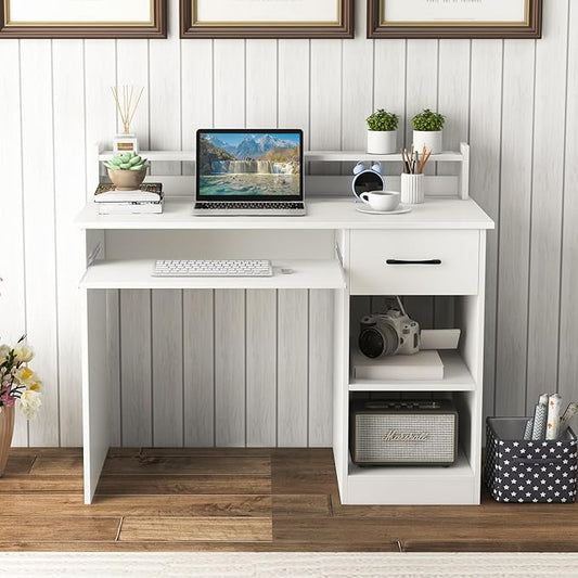 IFANNY Wooden Computer Desk, White Home Office Desk w/Drawers, Keyboard Tray, Open Shelves & Monitor Stand, Modern Writing Desk, Compact Computer Desk for Small Spaces (White)