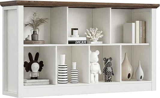 Unikito 7 Cube Storage Book Shelf - 50" Wide Wood Cube Storage Organizer, Wooden 2 Tiers Floor Standing Low Bookcase for Living Room, Bedroom, Home Office, Kids Room