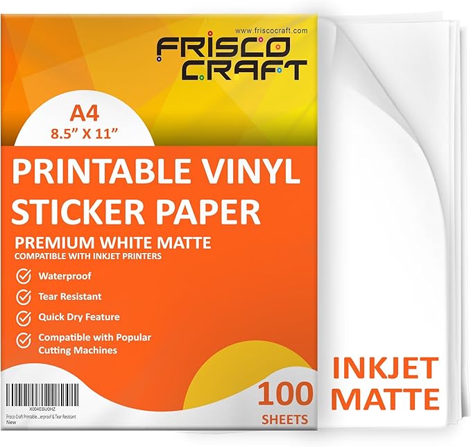 Frisco Craft Premium Printable Vinyl Sticker Paper for Inkjet Printers - Matte, 8.5" x 11" (A4) - Water-Resistant, Durable, Easy-Peel Sheets for Custom Labels, Decals, & Stickers (100 Sheets)