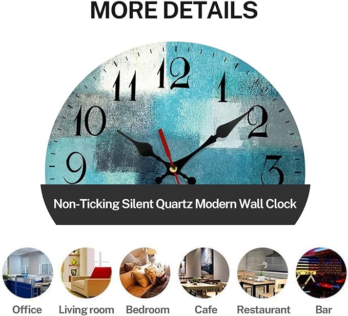 ArtSocket Turquoise Wooden Wall Clock Silent Non-Ticking, Green Blue Grey Teal Aqua Abstract Painting Gray Round Wall Clock Decor for Home Kitchen Living Room Office, Battery Operated 12 Inch