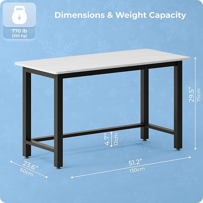 51" Home Office Desk Modern Computer Desk 51.2x23.6x29.5 inches PC Table with Thicken Frame Industrial Style Sturdy Metal Frame Furniture for Writing Gaming Marble White+Black