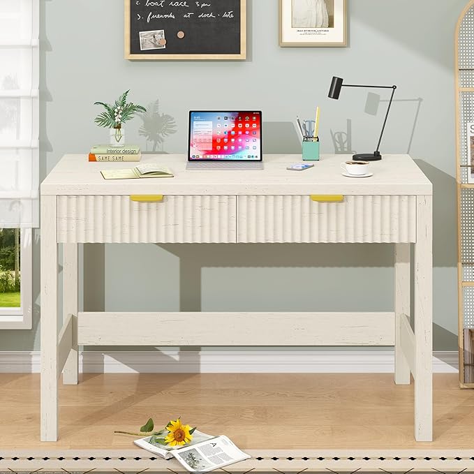 Fluted Computer Desk with 2 Drawers, 39 Inch Small Computer Desk with Storage, Compact Writing Study Vanity Desk for Small Spaces, White