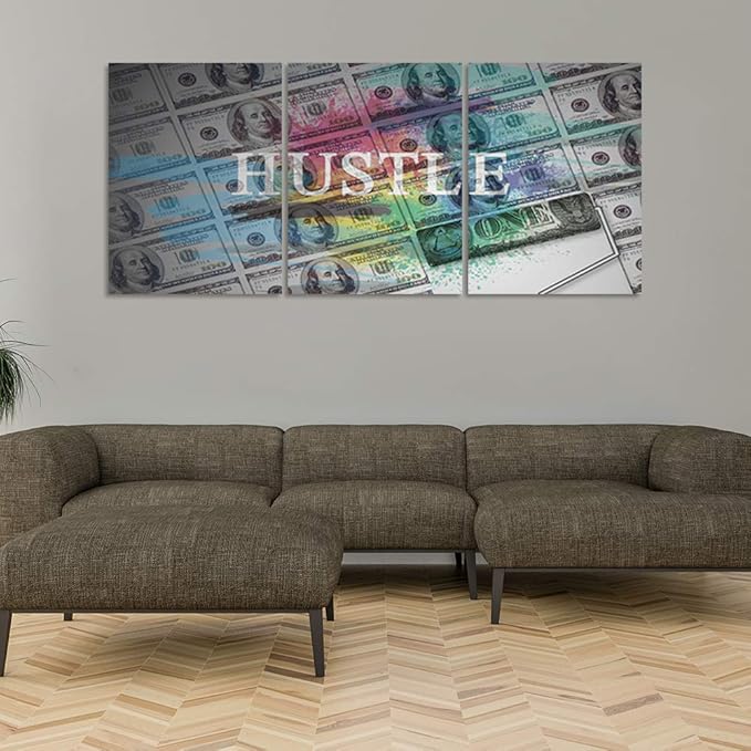 Hustle Wall Art Inspirational Posters Motivational Canvas Wall Art Entrepreneur Quotes Prints Wall Decor 3 Pieces Inspiring Success for Office Home Living Room Bedroom Framed Ready to Hang(60”Wx28”H)