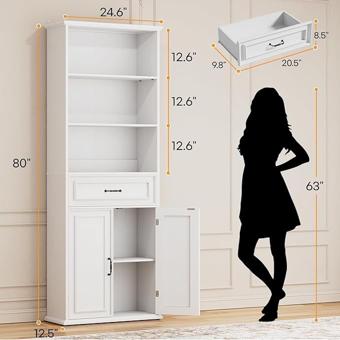 Cyclysio 80" Tall Bookcase Set of 2, Farmhouse 2 Set Bookshelves with Drawer and Doors, Floor Standing 6 Shelf Display Storage Cabinet for Home Office, Living Room (2, Antique White)