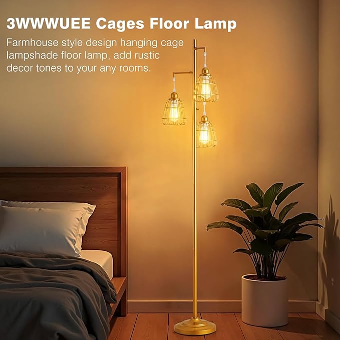 Gold Dimmable 70'' Floor Lamp for Living Room Farmhouse 3-Light Tall Lamp with Bird Caged Lampshade Bedroom Floor Tree Standing Lamp (3xLED Bulb Included) - 315603GD