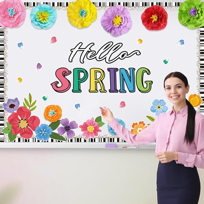 62 Pcs Spring Bulletin Board Set with Borders, 3D Paper Flowers & Cutouts for Classroom Decoration, Hello Spring Floral Wall Decor for Teacher, Chalkboard, Door & Hallway