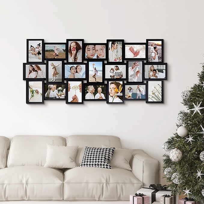 J.M.Deco Collage Picture Frames Wall Deacor, 21-Opening Large Family Picture Frame, Memory Photo Frames for Homie, Gallery Puzzle Collage Wall Hanging for 4x6, Black