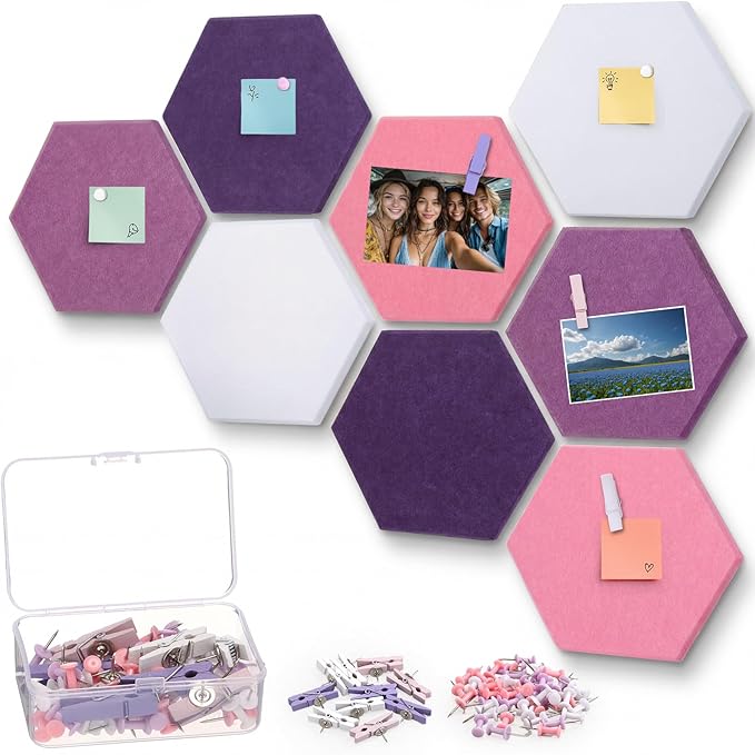 8 Pcs 12" Large Hexagon Felt Cork Bulletin Board Tiles Self Adhesive DIY Pin Board with 50 Push Pins and 10 Colored Clips, Wall Decor for Office Home Kitchen Photos Memos(Pink)