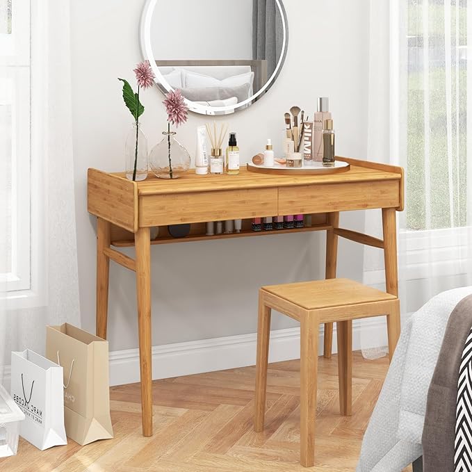POWERSTONE 39.5" Writing Computer Desk, Modern Bamboo Home Office Desk with 2 Storage Drawers and One Shelf, Study Writing Table Workstation