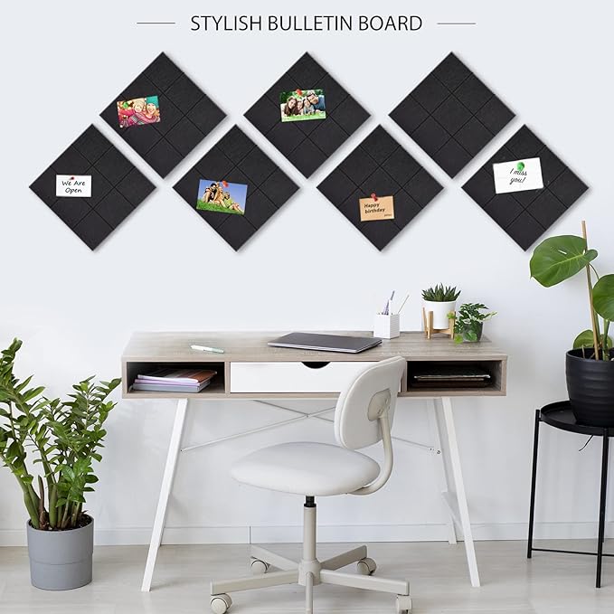 BXI Felt Bulletin Board - 12 X 12 X 3/8 Inches 6 Pcs Self-Adhesive Poster Cork Board with 30 Push Pins, Thick Pin Tiles Display Vision Board, Photo Picture Panels for Home Office Classroom Walls