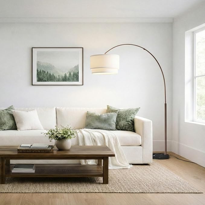 Brightech Mason Arc Floor Lamp - Modern Corner Standing Lamp with Unique Hanging Drum Lamp Shade for Living Room - Bright Overhead, Curved Hanging Light for Bedroom. Library, Den - Bronze