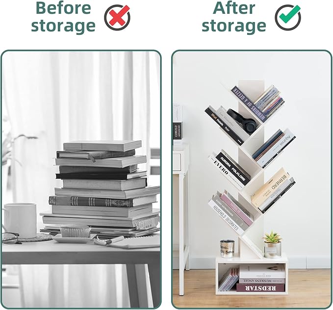 Yoobure Tree Bookshelf, 6 Tier Small Book Shelf Retro Floor Standing Bookcase, Wood Book Storage Organizer Rack, Tall Narrow Bookshelves for Corner/Bedroom/Living Room/Home Office, White