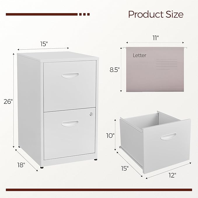 2 Drawer File Cabinet with Lock,White Metal Filing Cabinets,Vertical Locking File Cabinet Fit Hanging Files, Letter,File Box and A4 Documents(White)