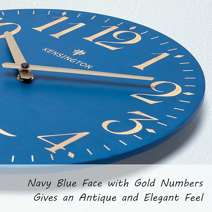 NIKKY HOME Navy Blue Wooden Wall Clock 12 Inch - Battery Operated Silent Non Ticking Clock Decor for Kitchen, Living Room, Bathroom, Office