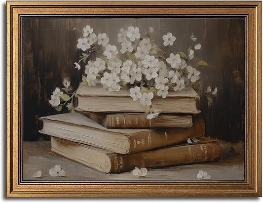 Gold Framed Wall Art Vintage Canvas Wall Art Moody Books and Flowers Dark Academia Decor Artwork Prints Picture for Living Room Bedroom Farmhouse Bathroom Office Decor, 16x24