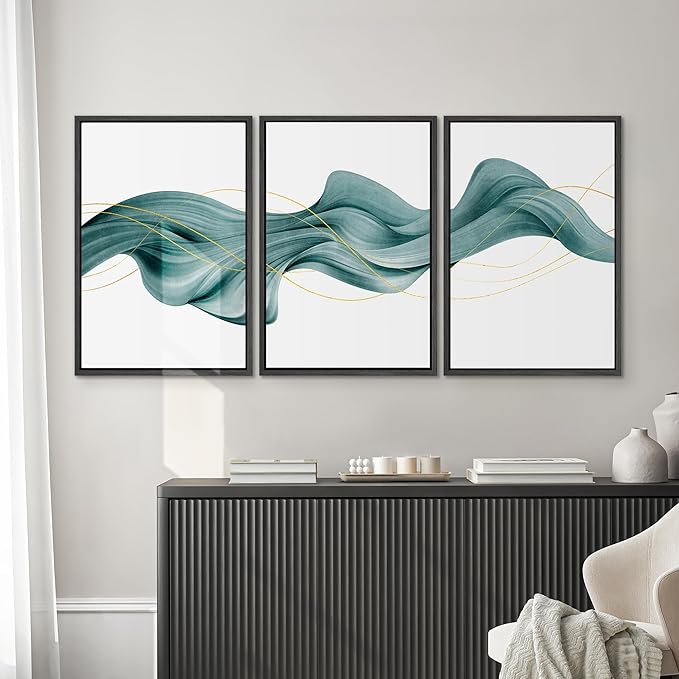 SIGNWIN Framed Canvas Print Wall Art Set Futuristic Teal Geometric Smoke Wave Abstract Shapes Illustrations Modern Art Decorative Nordic Zen Chic for Living Room, Bedroom, Office - 16"x24"x3 Black