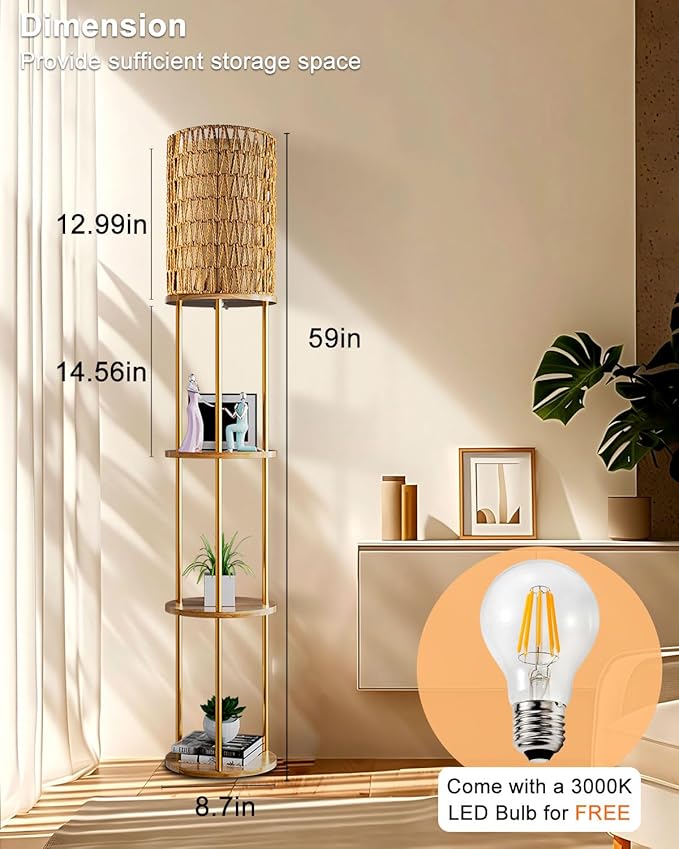 Lightdot 61" Rattan Floor Lamp with Shelves, 3-Tier Storage Shelves with 3000K Bulb Included, Solid Wood Design, Corner Bookshelf Floor Lamps for Living Room/Sofa Beside/Corner Decor-Gold
