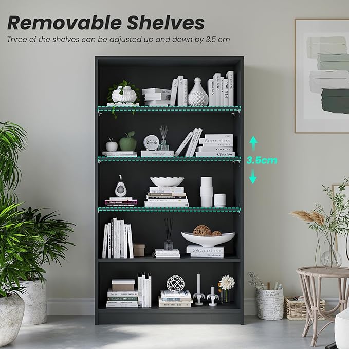 Bookcase Adjustable Storage Shelves,5-Tier Modern Wood Bookcase for Bedroom,60-Inch Bookshelf, Office, Living Room & Library(Black)