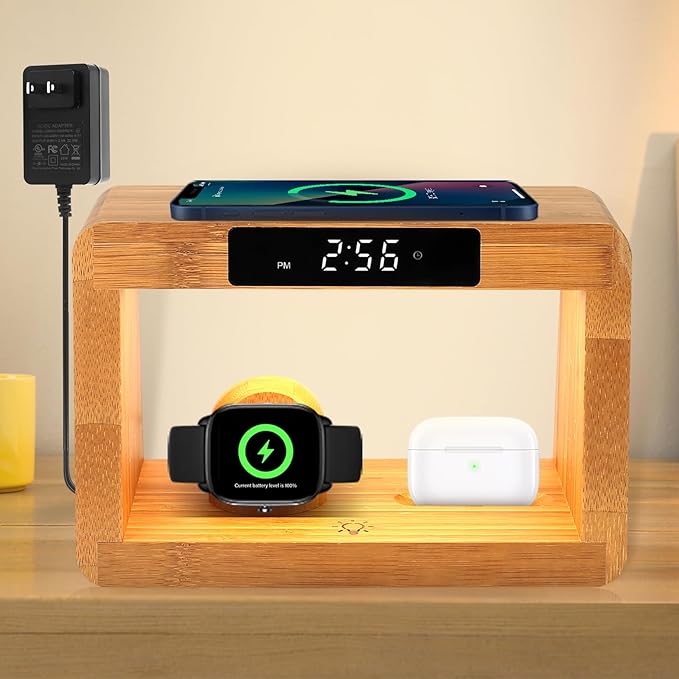 Wooden Bedside Table Lamps for Bedroom with Wireless Charger, nightstand lamp with Charging Station, 3 Night Light Modes Dimmable Touch Bedside Lamps with Alarm Clocks Lamps for Night Stands