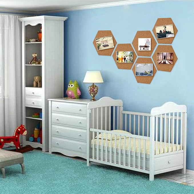 HBlife 10 Pack Hexagon Self-Adhesive Cork Board Tiles Mini Wall Bulletin Board with 50 Multi-Color Push Pins 12" x 10"