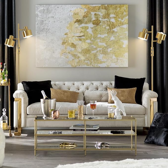 Dimming Floor Lamp with 2 Adjustable Head,Tall Modern Industrial Vintage Standing Lamps for Living Room, Bedroom, Office,Study,Gold Corner Light for Reading
