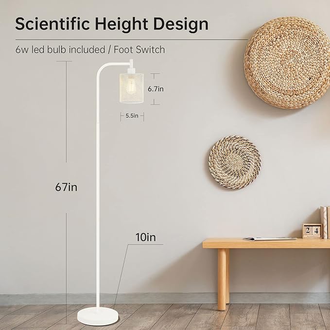 BoostArea White Industrial Floor Lamp, 67 Inch Modern Standing Lamp with Iron Mesh Lampshade, 6W LED Stand Up Lamp for Living Room, Bedroom, Office, Den