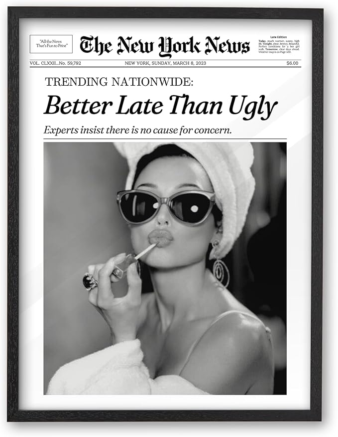 iHery Small Premium Natural Black OAK Wood 8x10in Audrey Hepburn Trendy Framed Wall Art, Vintage Funny Better Late Than Ugly Canvas Bathroom Wall Decor Essential,Girly Dorm Bedroom Living Room 1Pack