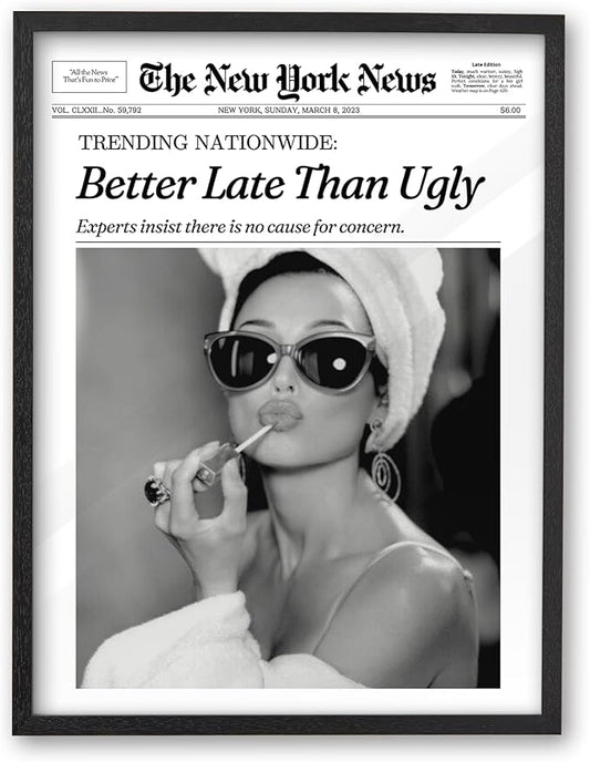 iHery Premium Natural Black OAK Wood 16x20in Audrey Hepburn Trendy Framed Wall Art, Vintage Funny Better Late Than Ugly Canvas Bathroom Wall Decor Essential,Girly Dorm Bedroom Living Room 1Pack