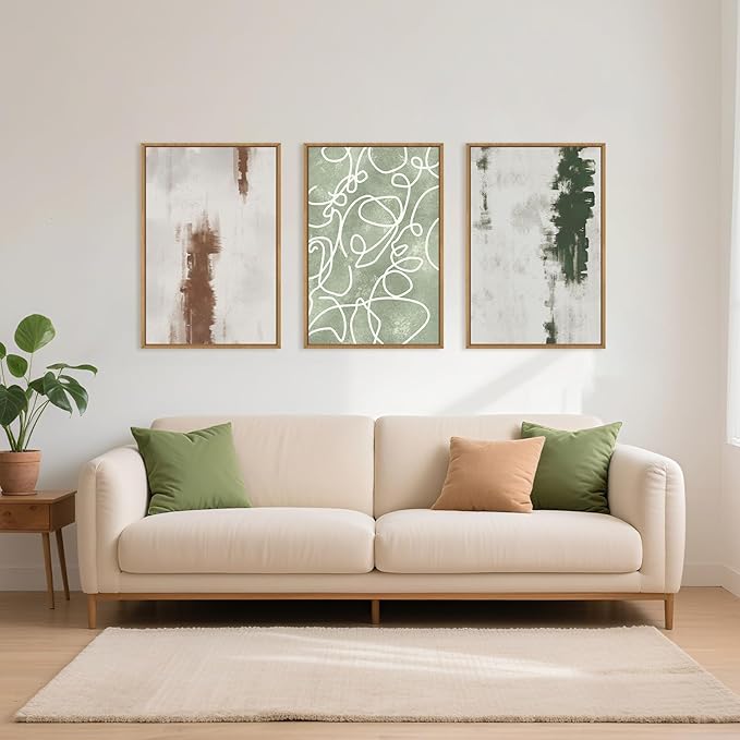 Large Abstract Green Brown Geometric Framed Canvas Wall Art Set,Minimalist Neutral Brush Stroke Wall Decor,Modern Watercolor White Curved Lines Artwork for Living Room,Bedroom,Office-24 x36 x3