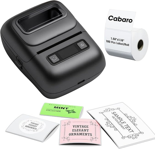 cabaro Label Maker Machine with Tape, 2 Inch Bluetooth Thermal Label Printer, Portable Inkless Sticker Printer for Small Business Office School Home, Barcode Address Logo Labeler for Phone, Black