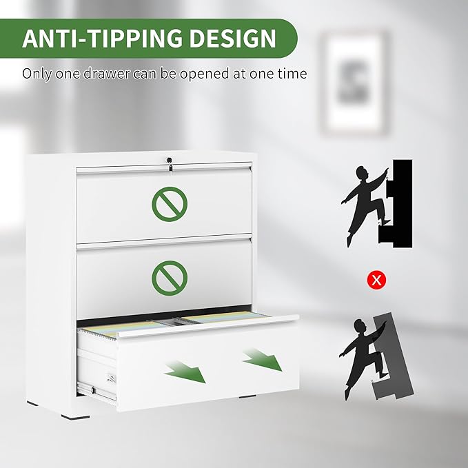 3 Drawer File Cabinet,Metal Lateral Filing Cabinet with Lock,Home Office Storage Organizer Cabinet for Legal/Letter/A4/F4 Size Files,35.5" W,White