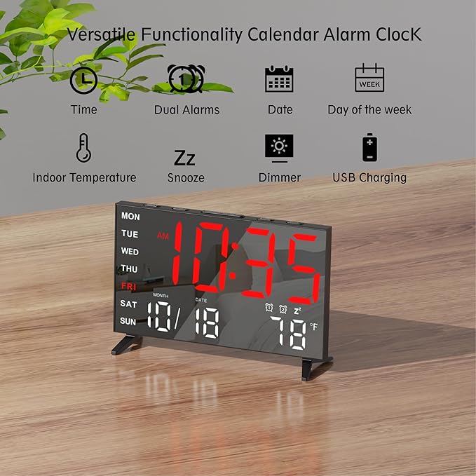 Mirror Digital Loud Alarm Clock,Indoor Temperature,USB Charging Port,Dimmer,Dual Alarms,Adjustable Volum,12/24H,Snooze,Perfect for Bedroom and Living Room (Black+Red Digit)