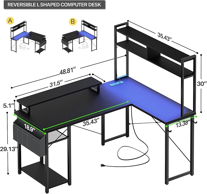 Aheaplus Small L Shaped Gaming Desk with LED Lights & Power Outlets, Reversible L-Shaped Computer Desk with Monitor Stand & Storage Shelf, Corner Desks Home Office Desk with Storage Bag, Black